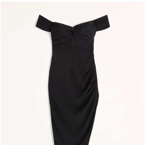 NWT Abercrombie & Fitch Off-The-Shoulder Ruched Black Side Slit Midi Dress Small - Picture 6 of 13